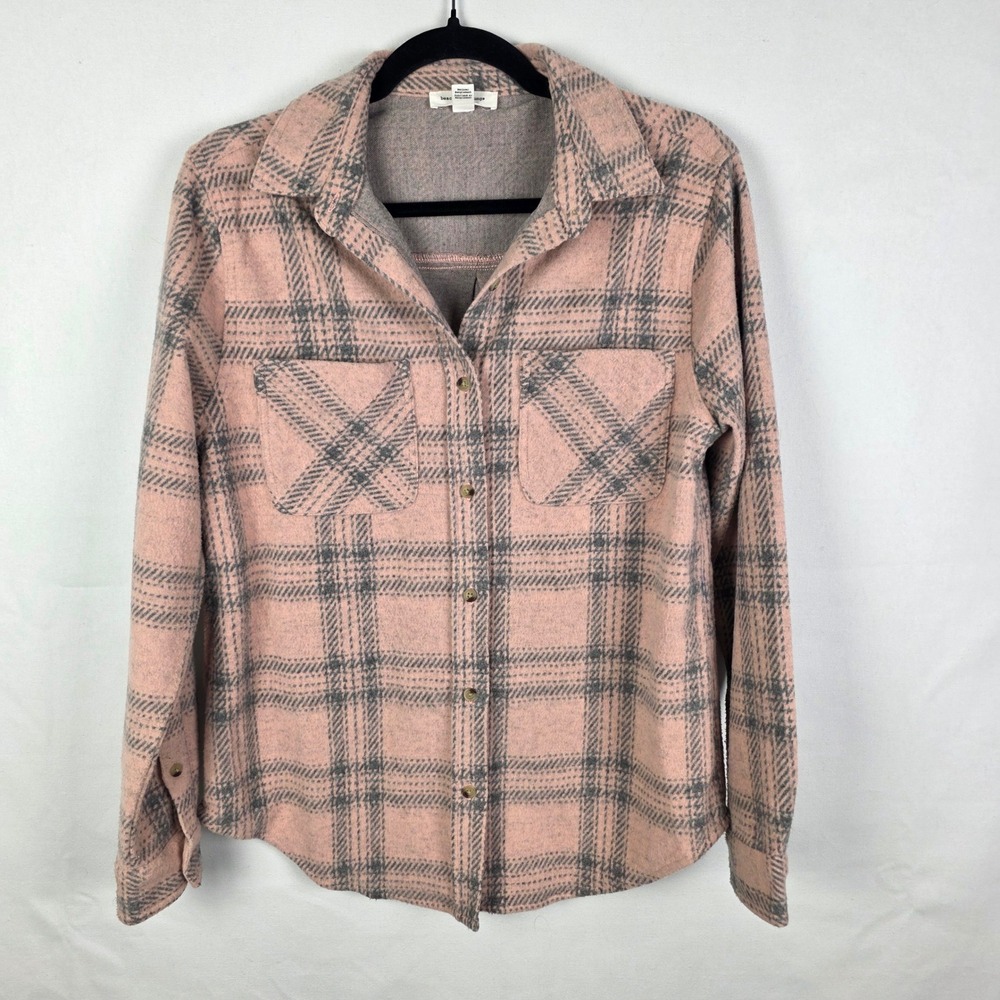 Beachlunchlounge Pink Grey Plaid Flannel Button Down Shirt Women Small Shacket